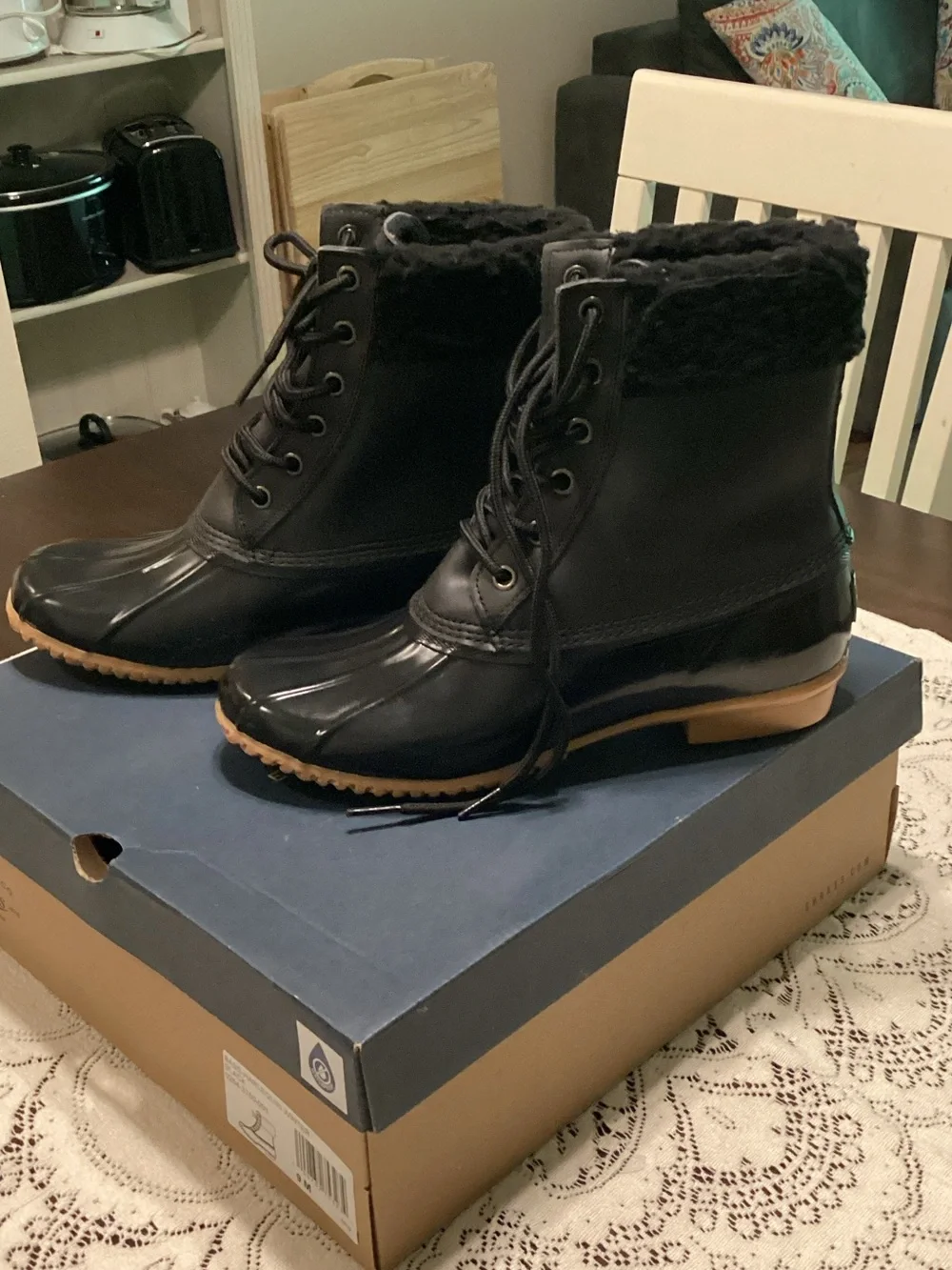 G.H. Bass & Co. Black Lace-Up Faux Fur Collar Duck Boots with Tan Sole